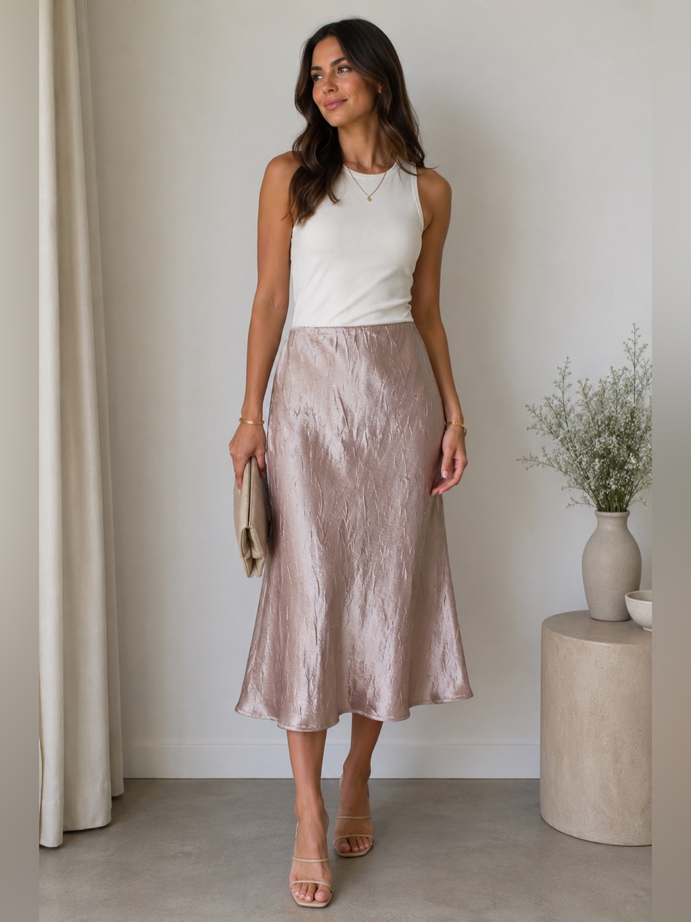 Shimmer Satin with crinkle Midi Skirt Rose Champagne M Elastic Waist Stretch NWT